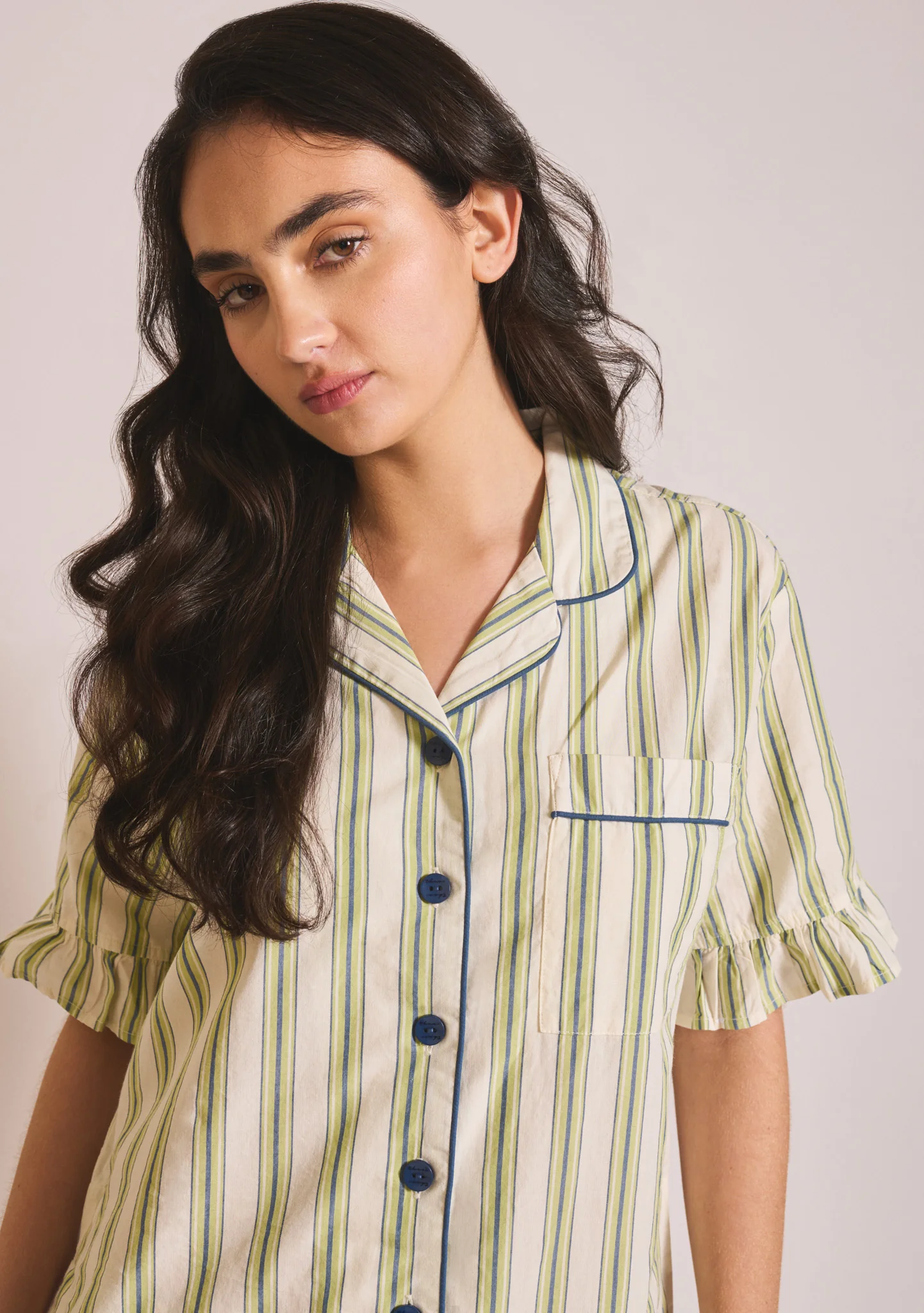 Cotton Pyjamas in Olive Stripe Ruffle - Image 4