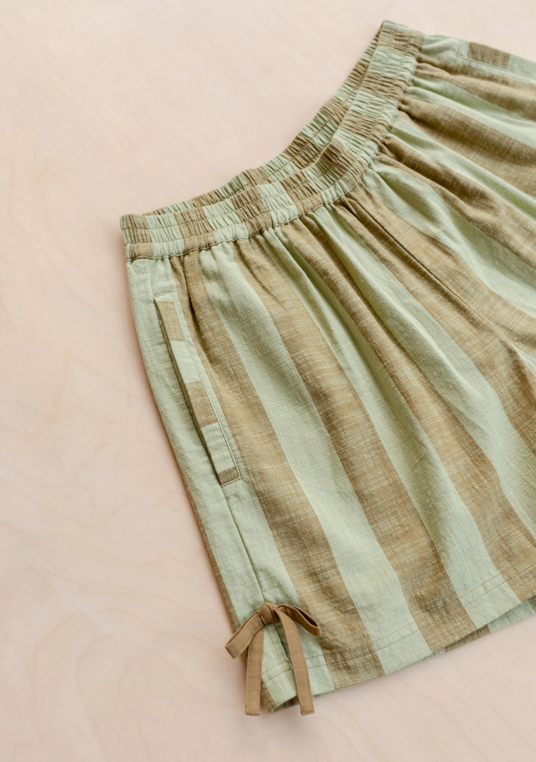 Cotton Tie Shorts in Green & Brown Stripe - Image 3
