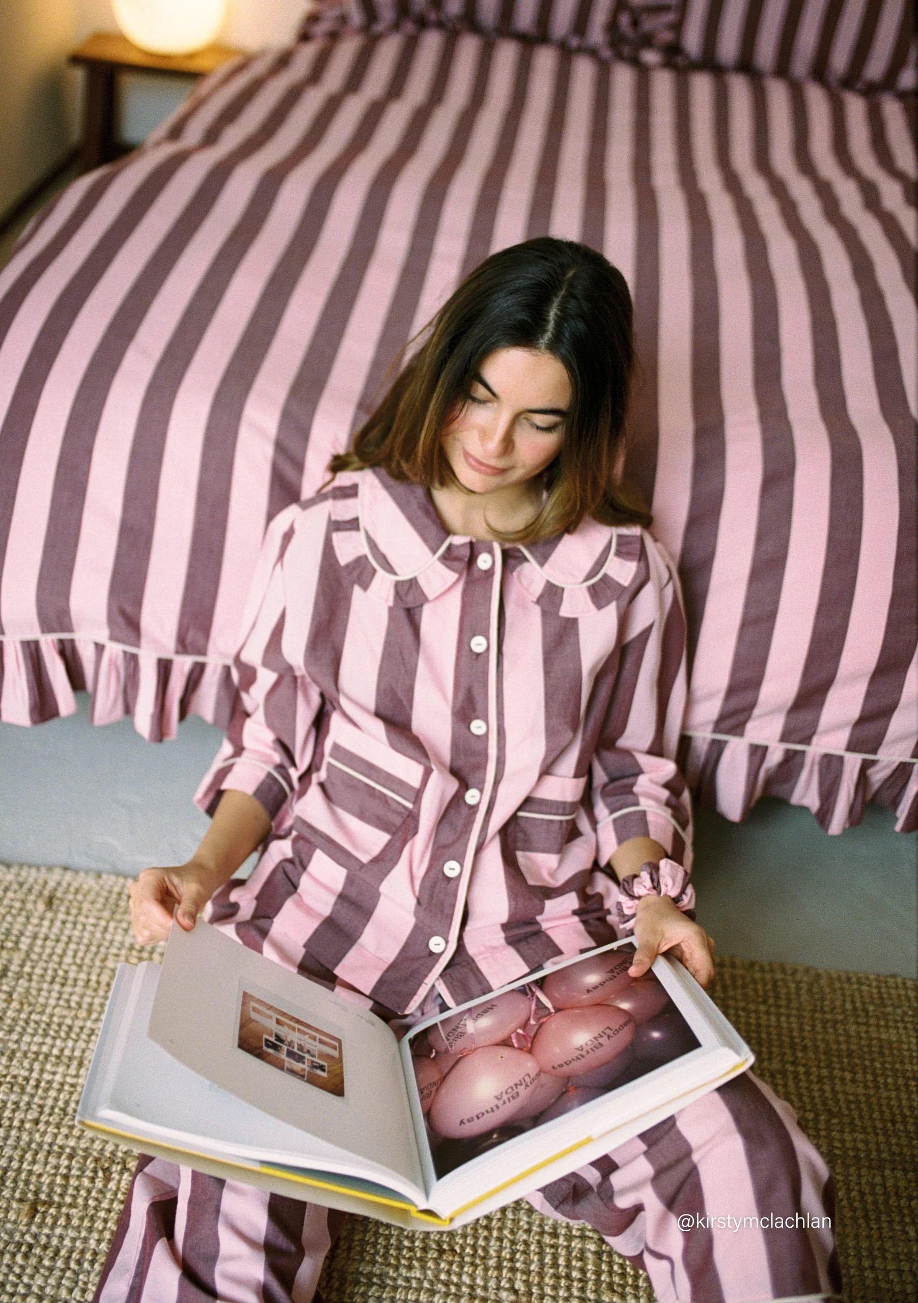 Cropped Cotton Pyjamas in Pink & Burgundy Stripe - Image 2