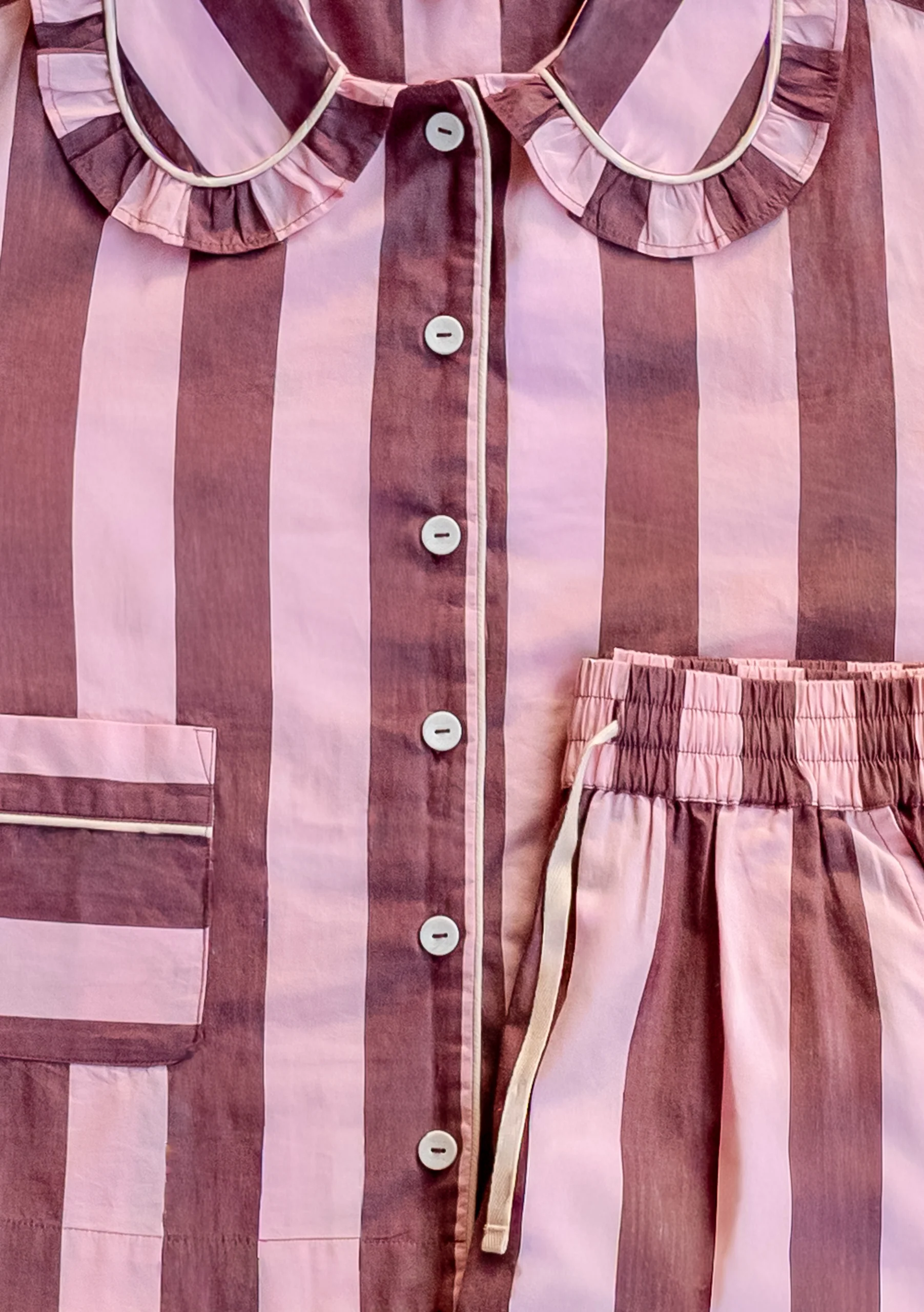 Cropped Cotton Pyjamas in Pink & Burgundy Stripe - Image 4