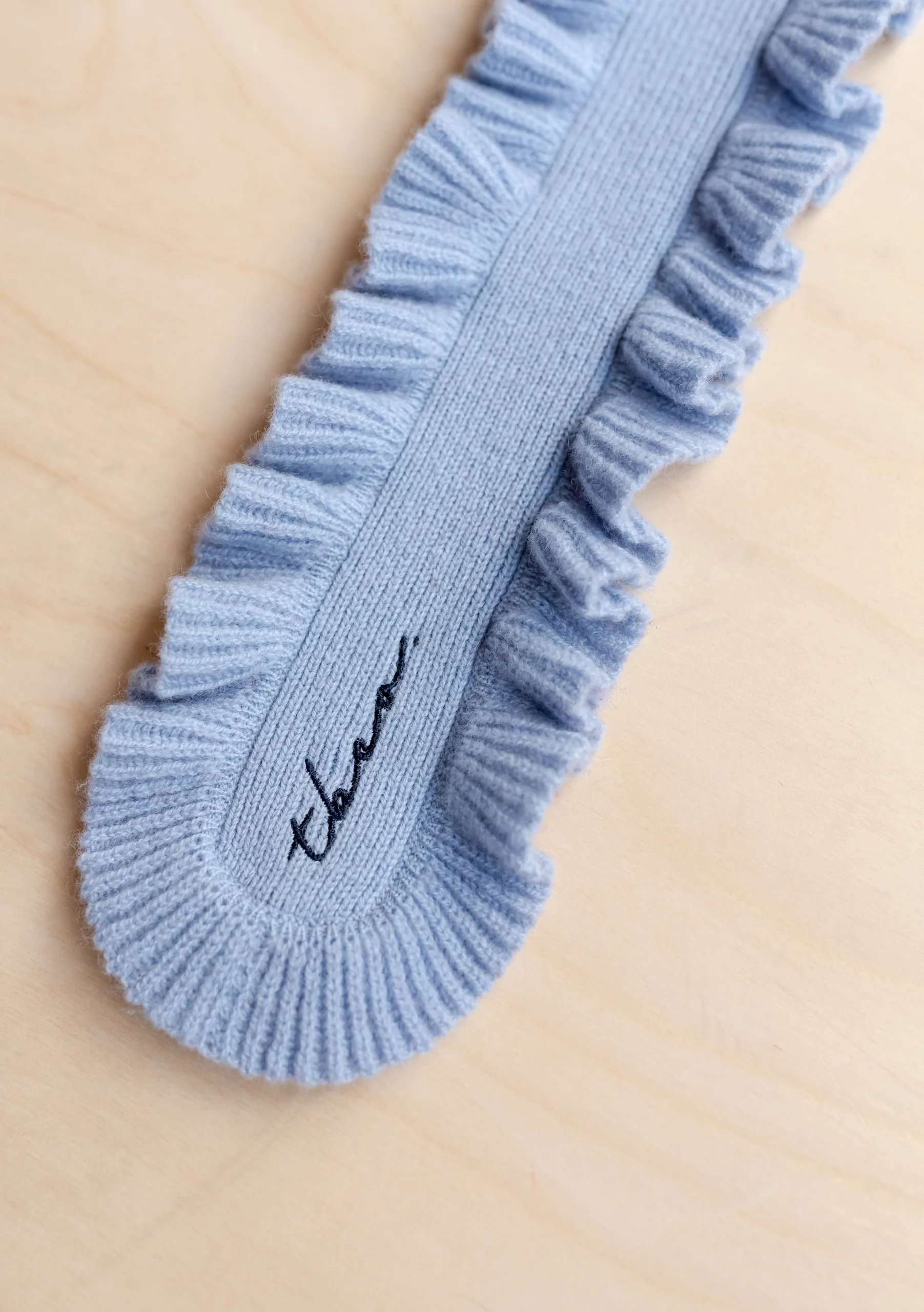 Merino Wool Skinny Scarf in Blue Ruffle - Image 3