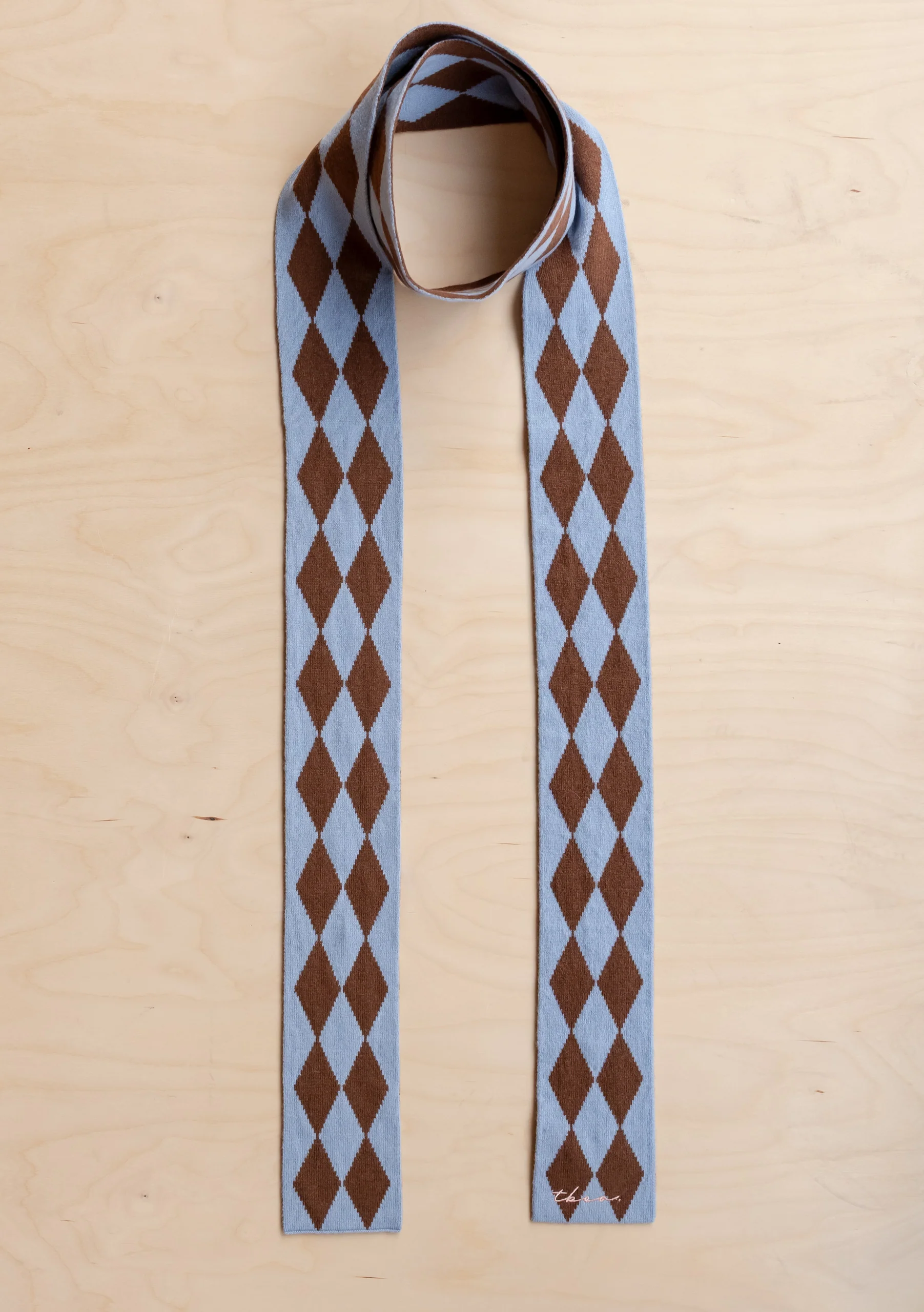 Merino Wool Skinny Scarf in Brown Harlequin - Image 2