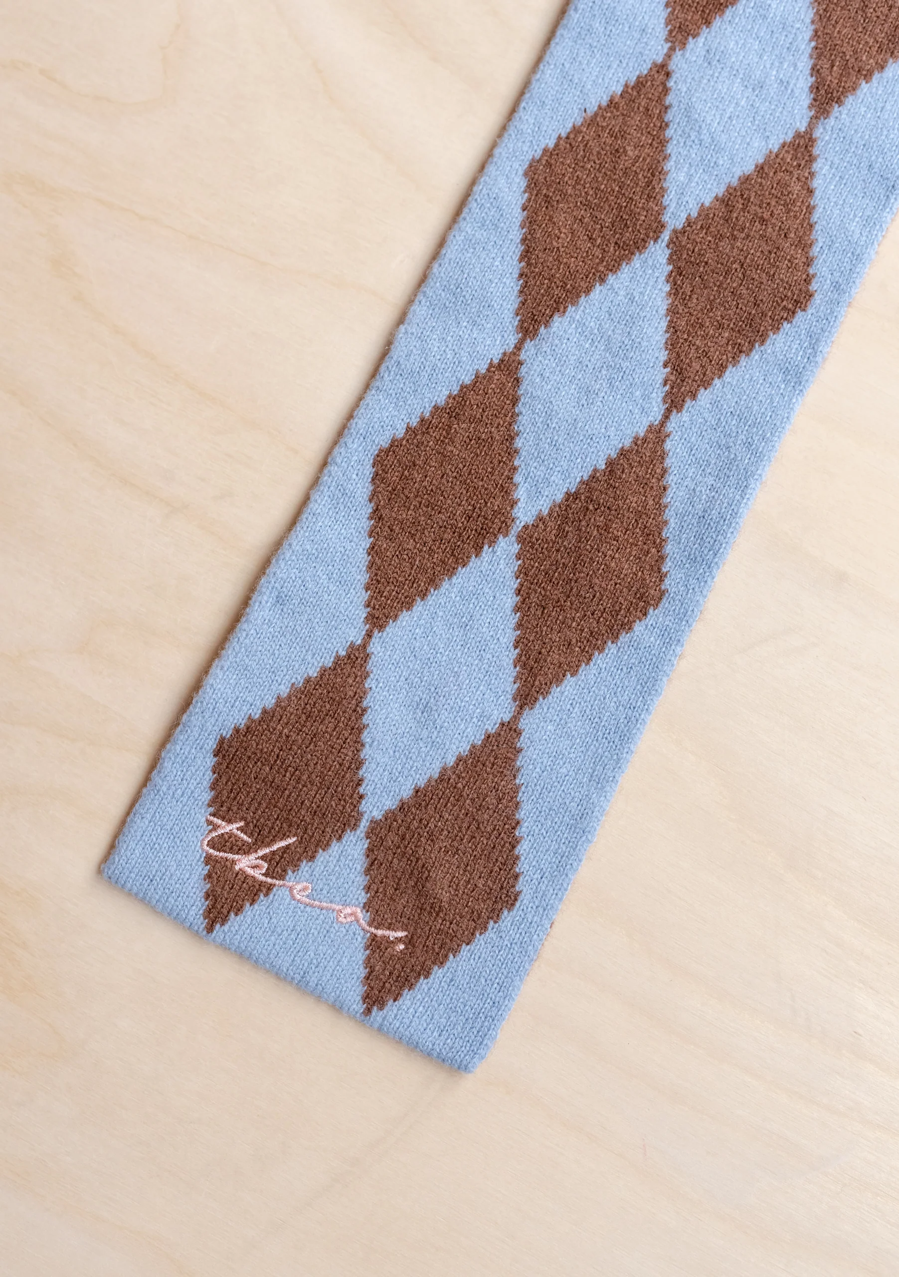 Merino Wool Skinny Scarf in Brown Harlequin - Image 3