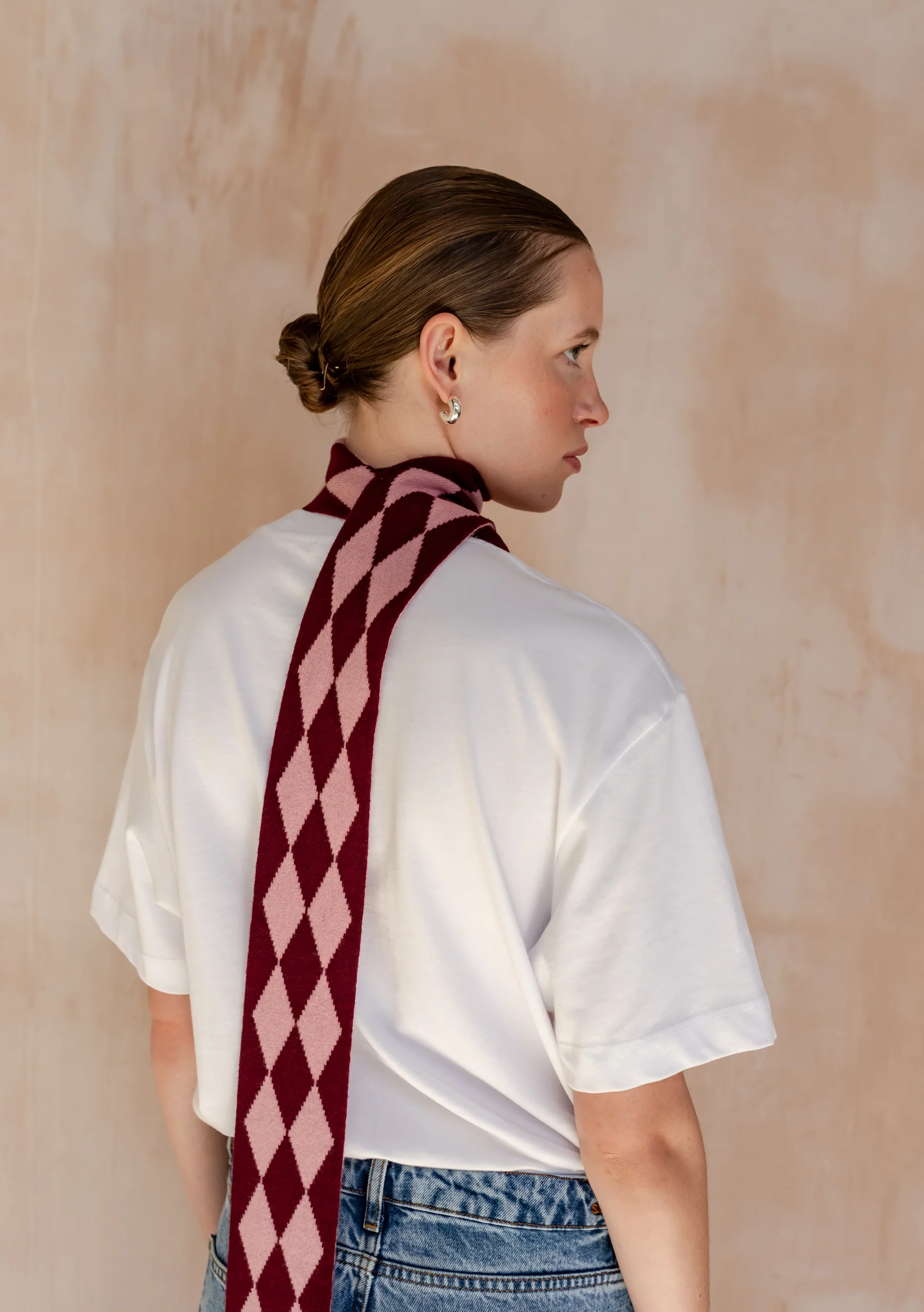 Merino Wool Skinny Scarf in Burgundy Harlequin - Image 4