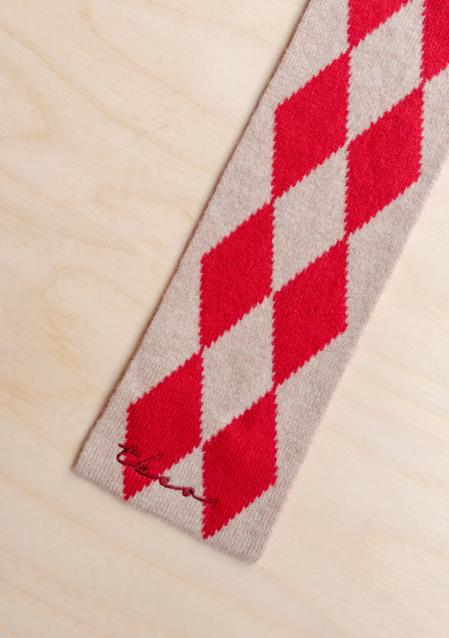 Merino Wool Skinny Scarf in Red Harlequin - Image 3