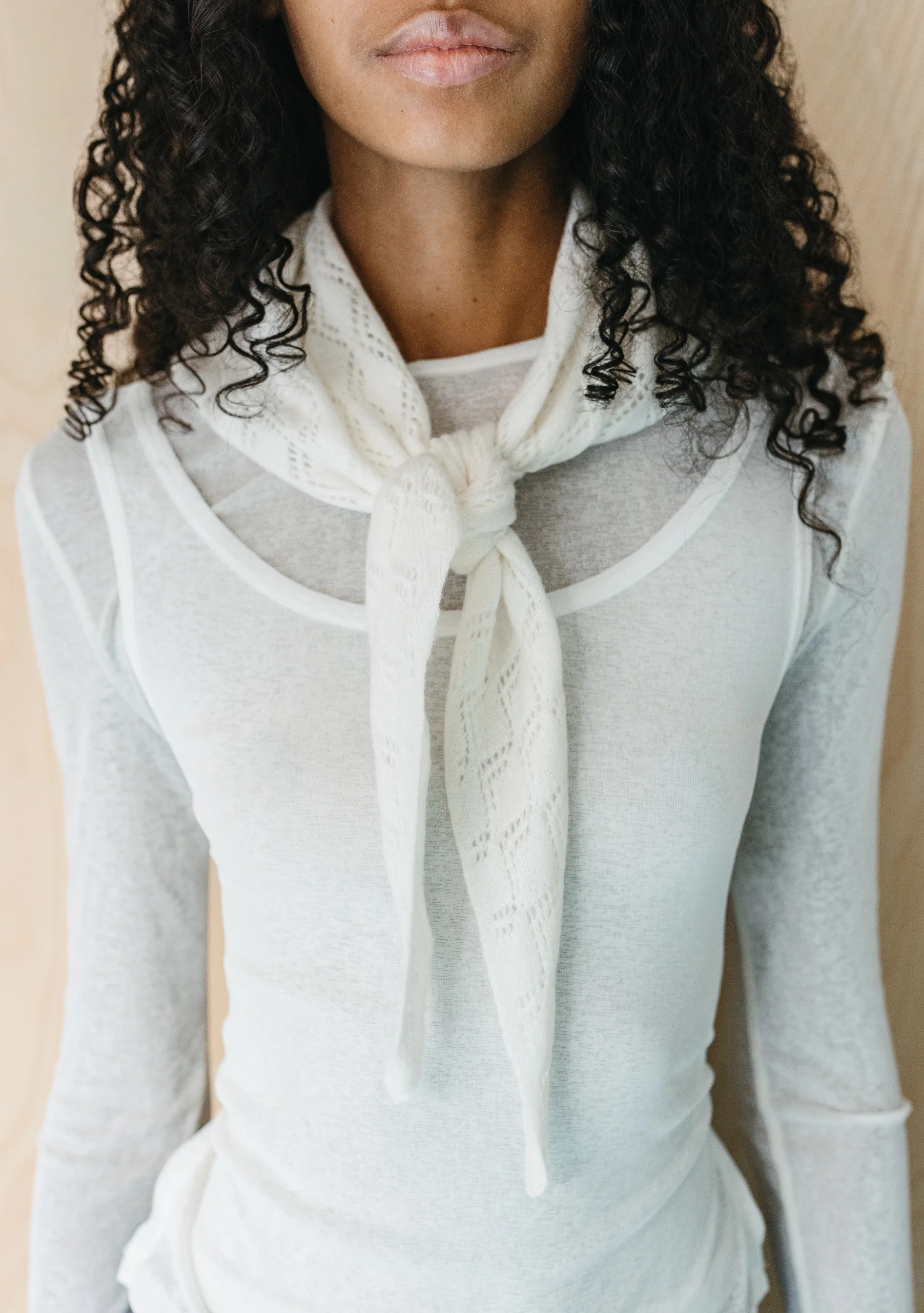 Merino Wool Triangle Scarf in White Pointelle - Image 5