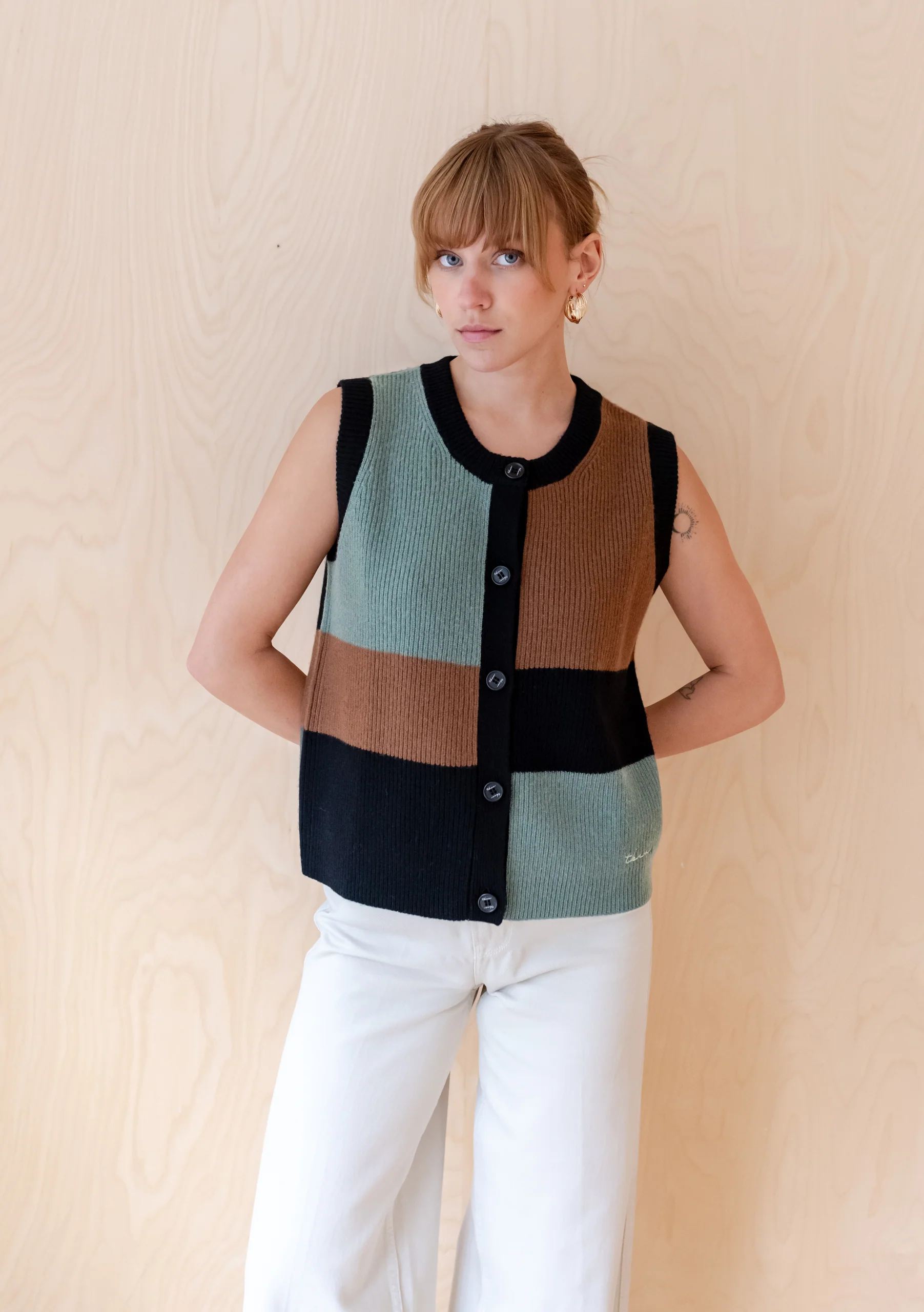 Merino Wool Vest in Green Block - Image 4